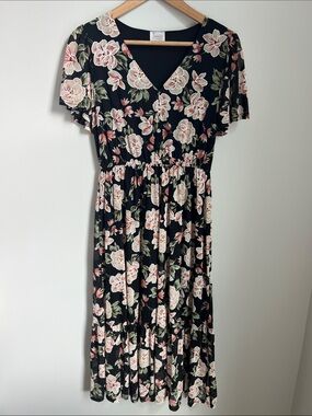 Siren Lily | Black Midi Dress with Pink & Cream Floral Print Size SP
